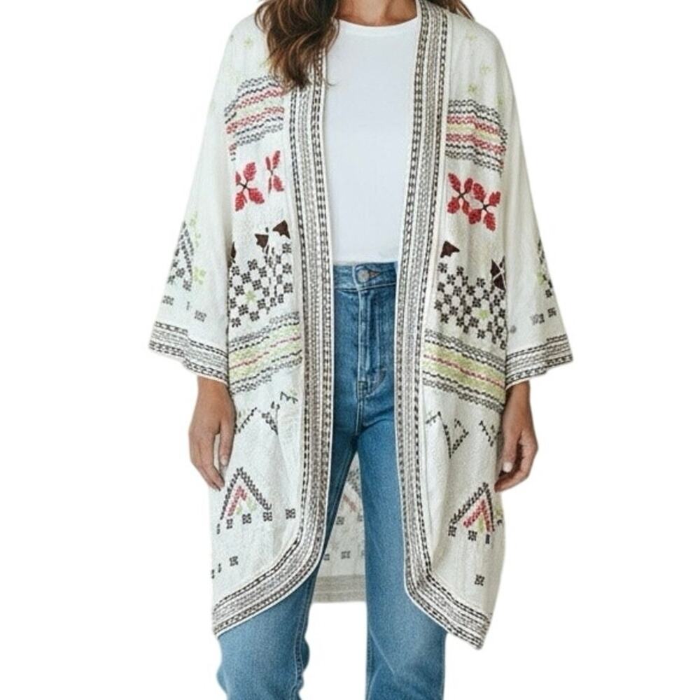 Johnny Was Los Angeles Embroidered Boho Kimono Cardigan Women M | White - Picture 1 of 8